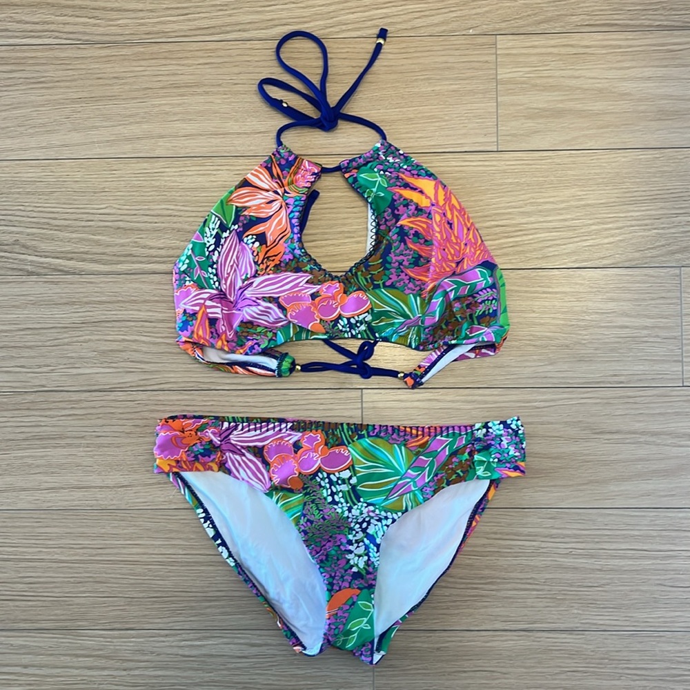 LIKE NEW! Trina Turk Colorful Floral Halter Bikini Top + matching bottoms Sz 12